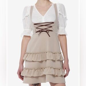 Coffee Lace-Up Tiered High-Waisted Suspender Skirt